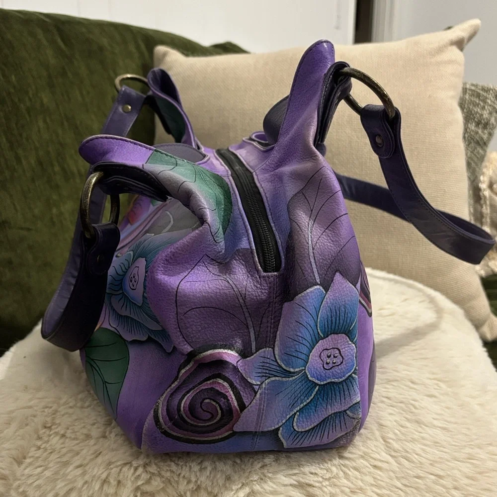 ANUSCHIKA India Purple Leather Floral‎ Triple Compartment Large Satchel Bag